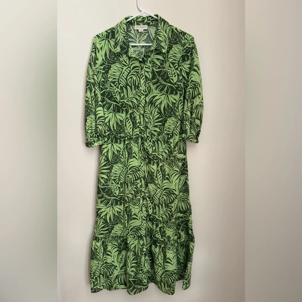Appleseed’s Tropical Green Leaf Print Button Front Midi Dress Women’s Size 8